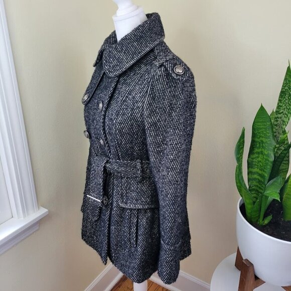 Miss Sixty Belted Mid-Length Wool Blend Coat Black White Tweed Women’s Size XS - Picture 2 of 16